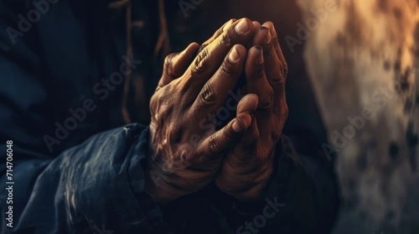 Fototapeta Hands praying on a dark background. Hand praying gesture.