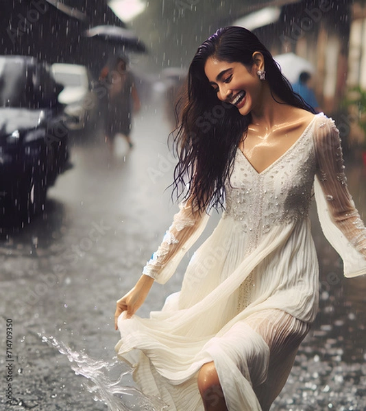 Fototapeta Amidst a gentle downpour, a woman revels in the joy of rain, her laughter mingling with the rhythm of falling droplets. Clad in a flowing white wet dress, she dances carefree, splashing in the puddles