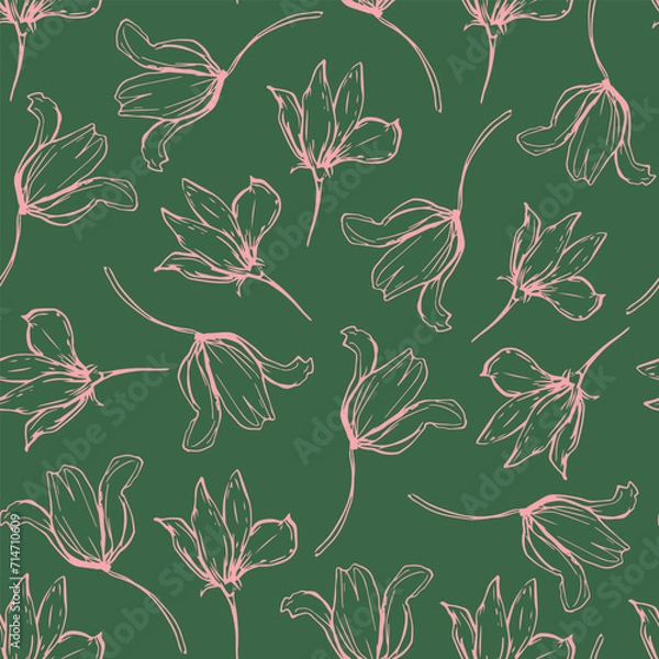 Obraz Hand drawn flowers seamless repeat pattern. Random placed, vector botany aop all over surface print on green background.