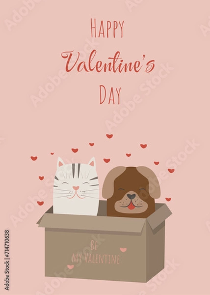 Fototapeta Happy Valentine's Day banner. Illustration with pets. Flyer with cat and dog sitting in a box and hearts above them. Be my Valentine inscription.
