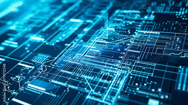 Fototapeta Abstract digital technology background with a circuit board and blue lights.