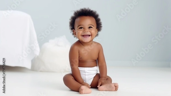 Obraz portrait of a small smiling dark-skinned baby 1 year old in a diaper on a white studio background, copy space