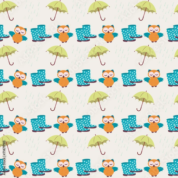 Obraz Owls and rain boots - vector seamless pattern