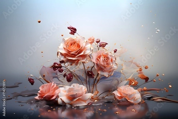 Fototapeta Abstract floral background with roses, paint and water drops.