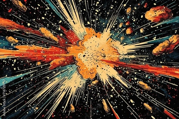 Fototapeta Explosion in space on black background drawing in the style of old comics from the 70s.