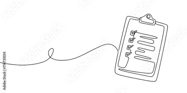 Fototapeta Clipboard with checklist. Continuous line one drawing. Simple line illustration.