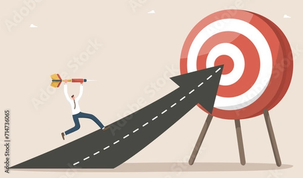 Fototapeta Planning strategy to achieve business goal, motivation and focus on results, creative solutions to complex problems, precision in setting plan to achieve success, man with dart runs along road to goal