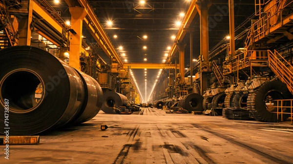 Fototapeta Interior of an industrial foundry with molten metal and heavy machinery, representing metallurgy and production.