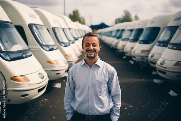 Obraz Line of Brand New Camper Vans Motorhomes Awaiting Clients on Dealership Sales Lot with manager