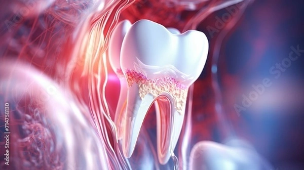 Fototapeta Translucent tooth with visible pulp, vessels and nerves against vibrant abstract backdrop intricate complexity of dental anatomy, maintaining robust tooth roots and vital pulp for oral well being