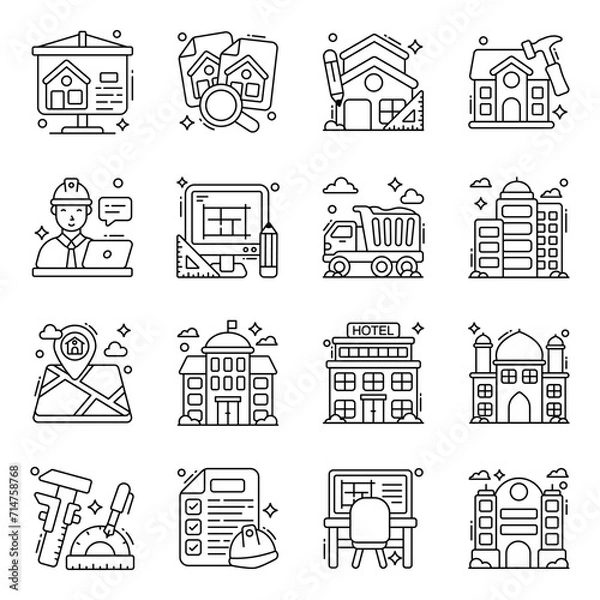 Fototapeta Pack of Building Linear Icons 

