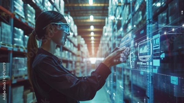 Obraz Woman in Warehouse Examining Computer Screen for Work