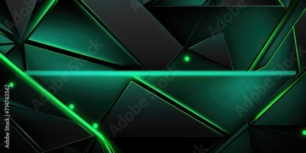 Fototapeta Abstract geometric background with glowing green lines on a dark polygonal surface.