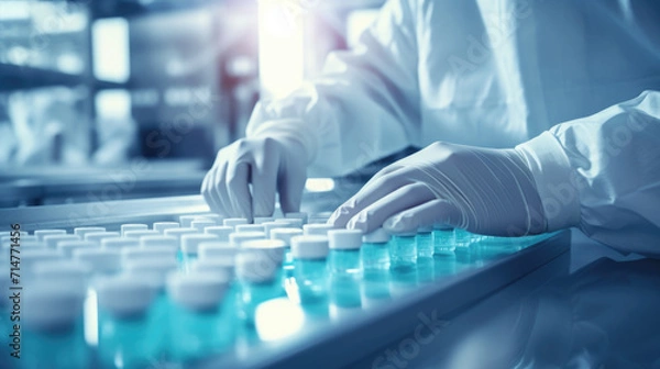 Fototapeta Medical Gloves Handling Test Tube Vials in Laboratory, Vaccine, Covid - Generative AI
