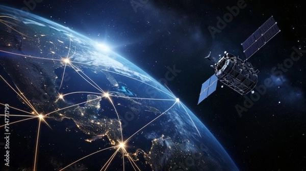 Fototapeta Satellite Orbiting Digital Earth Network.
A satellite orbiting Earth with a digital network overlay.
