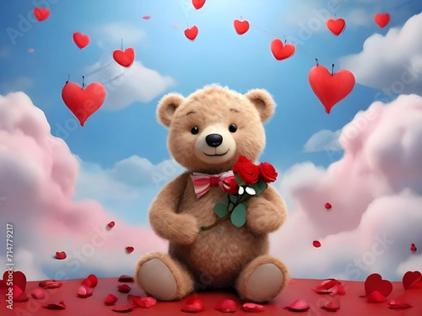 Fototapeta A teddy bear holding a rose smiles happily on Valentine's Day and has a blue background