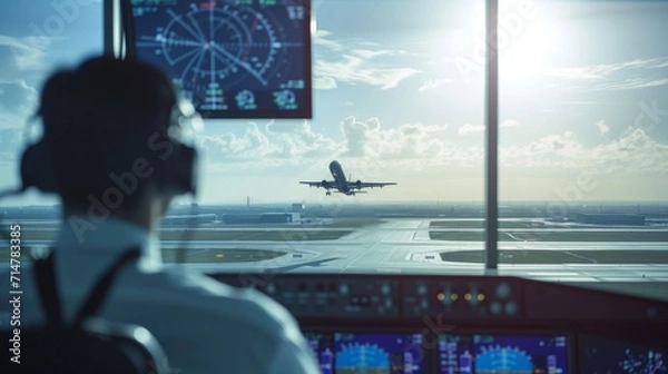 Obraz 管制塔から離陸中の旅客機を監視する管制官
