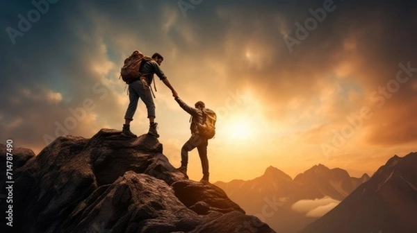 Fototapeta Hiker helping friend reach the mountain top, Generative Ai