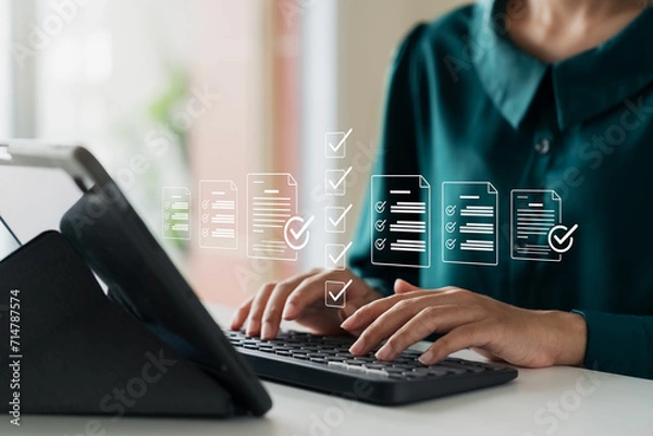 Fototapeta Business performance monitoring concept, businesswoman using laptop Online survey filling out, digital form checklist.