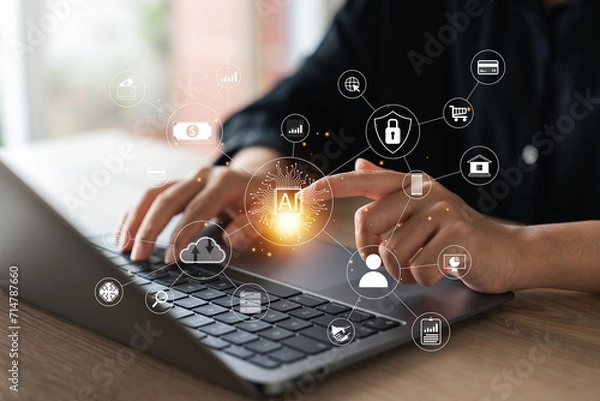 Fototapeta Information services for businesses using AI technology Artificial intelligence, business woman using tablet and laptop Enter customer analysis commands. Chatbot technology, using AI with marketing.