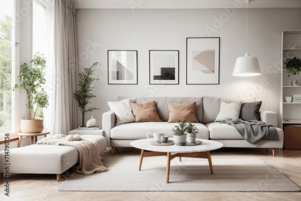 Fototapeta Scandinavian interior home design of modern living room with gray sofa and houseplants with gray wall near the window