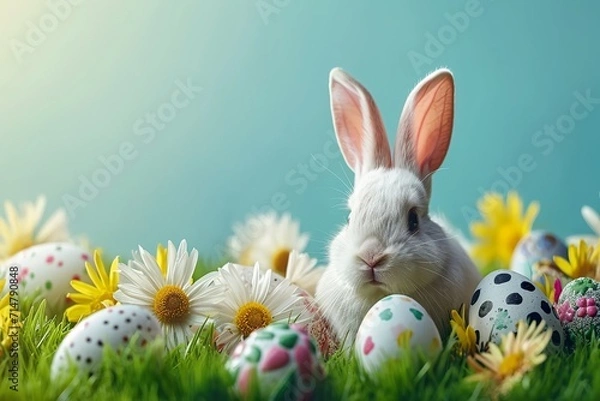 Fototapeta mockup easter egg and chubby cute bunny on green meadow
