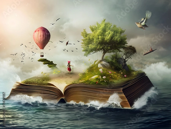 Fototapeta Concept of an open magic book; The imaginary world of a happy little child with a small house on a hill and beautiful nature. Lifestyle and education.