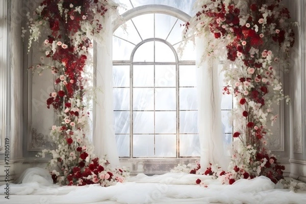 Fototapeta Background wedding luxurious white room with flowers generate AI