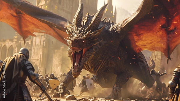 Fototapeta dragon in battle with knights, realistic medieval armor and weapons, dynamic action