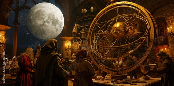 Fototapeta group of medieval scholars studying the heavens, with a large, intricate armillary sphere in the center, surrounded by detailed manuscripts and tools of astrology, under the enchanting light of a full