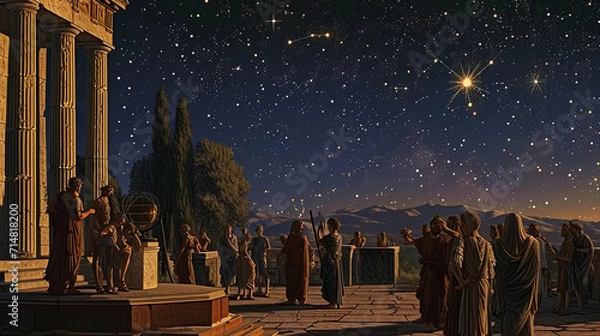 Fototapeta ancient Greek observatory, with philosophers and astronomers gathered around, studying a celestial globe and star charts, under a vividly depicted night sky full of stars and constellations, capturing