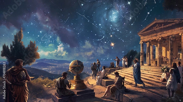 Fototapeta ancient Greek observatory, with philosophers and astronomers gathered around, studying a celestial globe and star charts, under a vividly depicted night sky full of stars and constellations, capturing