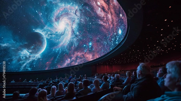Fototapeta planetarium with a 360-degree view of the night sky, showing high-resolution projections of celestial bodies and constellations, with visitors gazing in awe, capturing the magic of astrology and the u