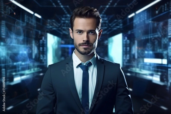 Fototapeta A cybersecurity executive in a suit stands before a backdrop of surveillance screens in a control room