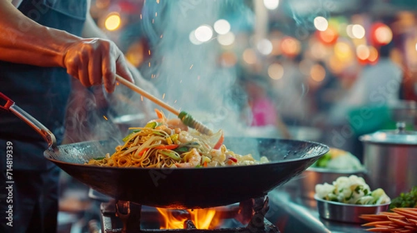 Fototapeta street food vendor preparing stir-fried noodles in a wok, with vibrant vegetables and shrimp, flames visible, busy night market background