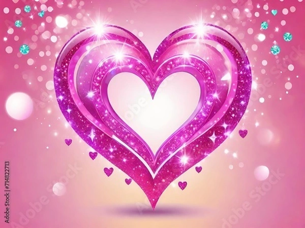 Fototapeta A radiant heart illustration adorned with sparkling lights and smaller hearts, set against a soft pink background. Generative AI.