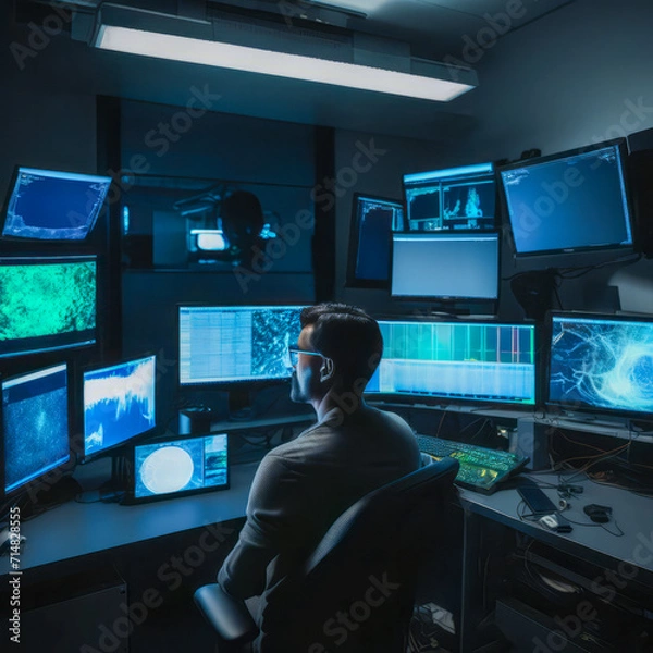 Fototapeta dark IT room with man looking at graphs on high-gloss computer screens