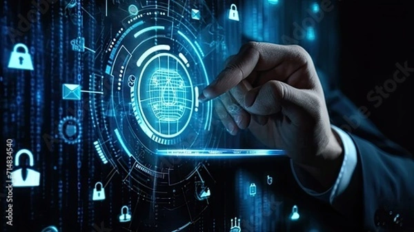 Obraz the man behind the icon of cyber secuirty panel hologram
