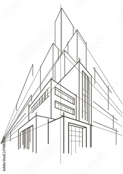 Fototapeta abstract linear sketch of multi-storey building