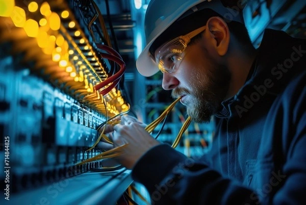 Fototapeta Technician installing fiber optic cables for digital upgrade.