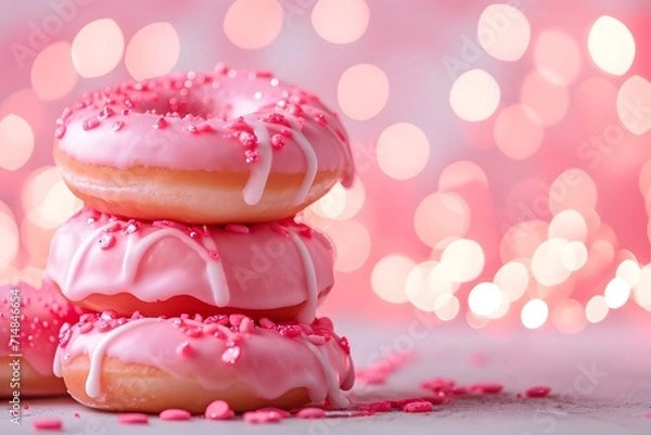 Obraz Pink donuts with sprinkle on bokeh background.