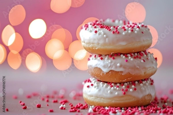 Obraz White donuts with sprinkle on bokeh background.