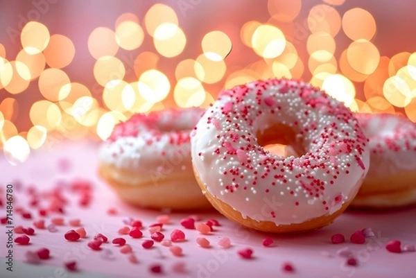 Obraz Pink donuts with sprinkle on bokeh background.