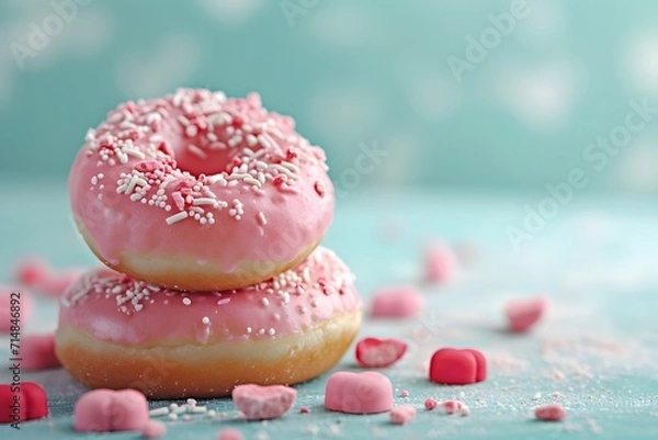 Obraz Pink donuts with sprinkle on bokeh background.