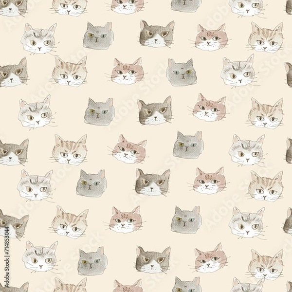 Obraz ドローイング、猫、シームレスなパターン。テキスタイル、壁紙、包装紙、