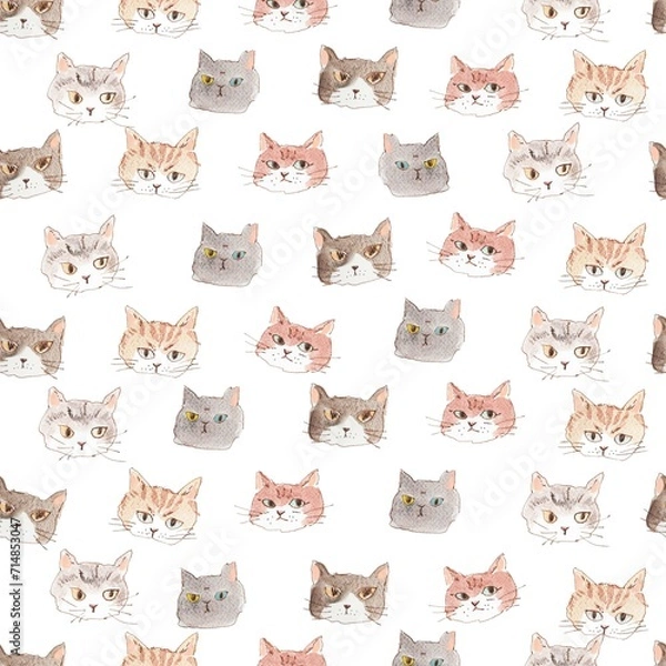 Obraz ドローイング、猫、シームレスなパターン。テキスタイル、壁紙、包装紙、