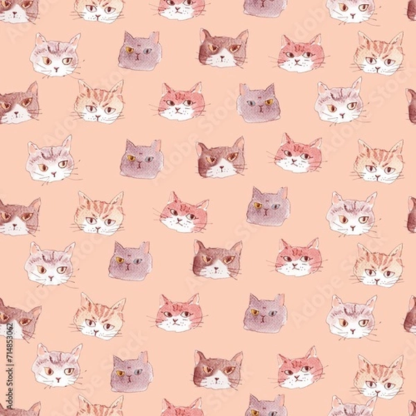 Obraz ドローイング、猫、シームレスなパターン。テキスタイル、壁紙、包装紙、