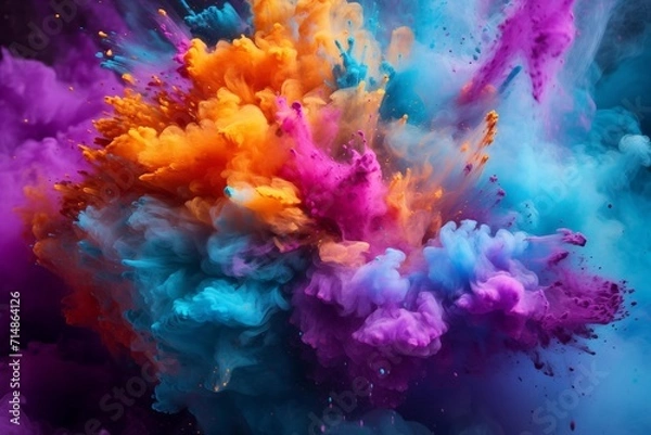 Fototapeta Dust explosion with rainbow powder. Abstract powder paint, splash paint, explosion texture, cloud creative dust, wallpaper concept. Design of rainbow smoke ink.