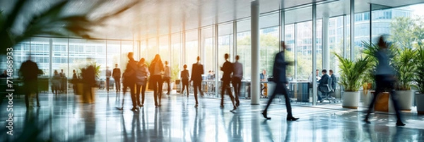Obraz Businesspeople walking at modern office. Concept work process. Business workplace with people in walking in blurred motion in modern office space.