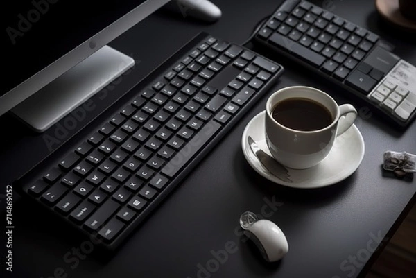 Fototapeta Computer classroom Workplace with computer, keyboard and computer mouse on dark background,